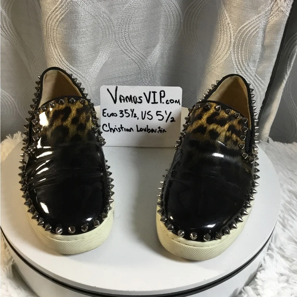 Christian Louboutin Black Patent & Leopard Spike Trim Slip-On Sneakers